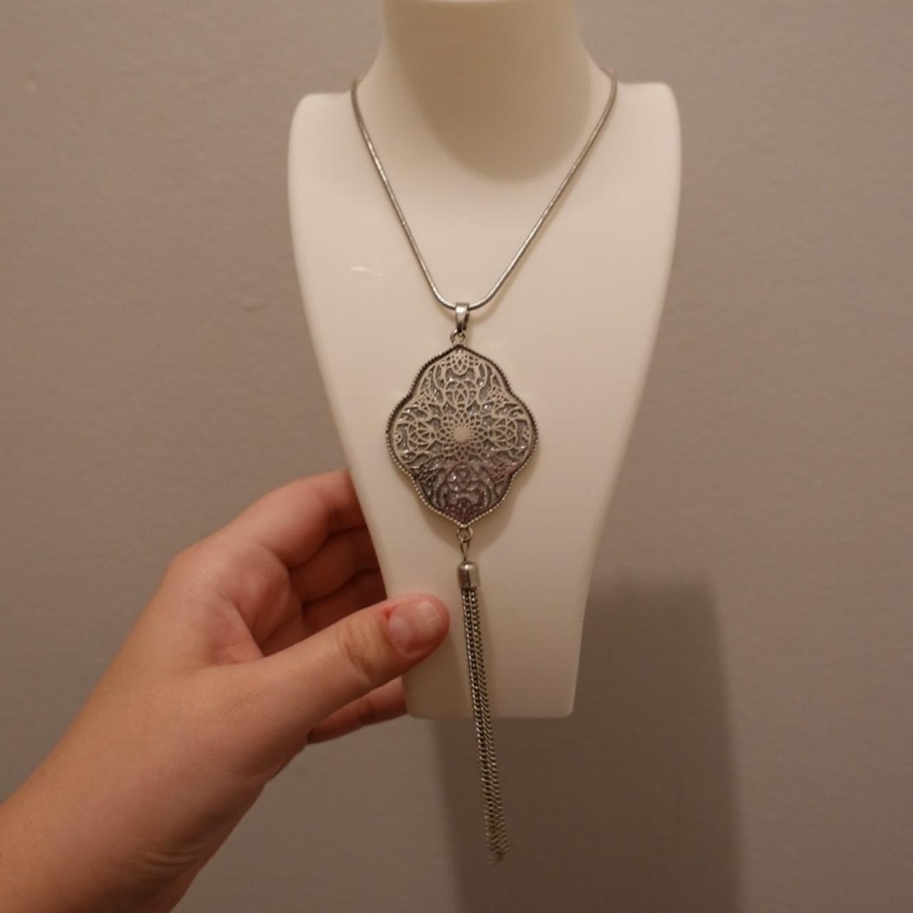 Silver Tone Statement Necklace Ornate Filigree Pendant Long Tassel Boho